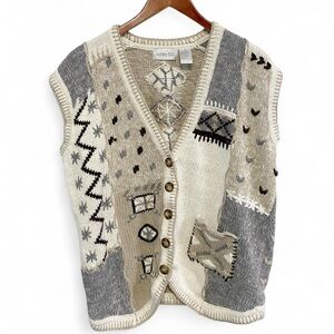 Vintage 90s Cream and Grey Knit Sweater Vest